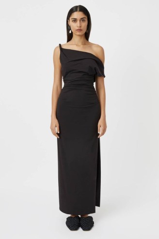 CAMILLA AND MARC Mara Asymmetric Midi Dress in Black ~ evening dresses with asymmetrical neckline