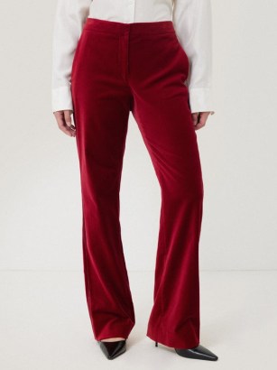 Jigsaw Mason Velvet Trouser in Red – women’s plush slim leg kick flare evening trousers