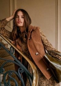 Sezane Matt Coat in Camel ~ women’s brown sleeveless shearling and leather panel coats