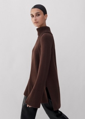 me and em Merino Cashmere Oversized Longline Jumper in Chocolate / womens dark brown high neck jumpers / luxe relaxed fit sweater