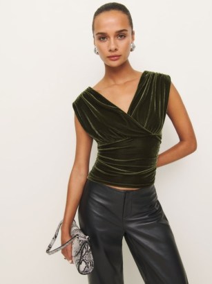 Reformation Amelia Knit Top in Moss Green Velvet – sleeveless fitted V-neck evening tops – gathered details – luxe style fashion