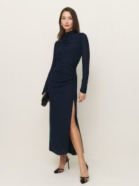 Reformation Tilda Dress in Navy – chic dark blue long sleeve ruched detail column dresses