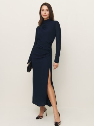 Reformation Tilda Dress in Navy – chic dark blue long sleeve ruched detail column dresses