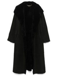 Nour Hammour Birthday Coat in Black – women’s glamorous shearling open front longline coats – womens luxury winter outerwear