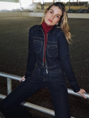 Reformation Fiona Cropped Denim Jacket in Ondine ~ sustainable clothing ~ womens dark blue collared zip up jackets