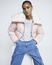 RIVER ISLAND Pink Padded Faux Fur Trim Bomber Jacket ~ women’s fake fur collar jackets