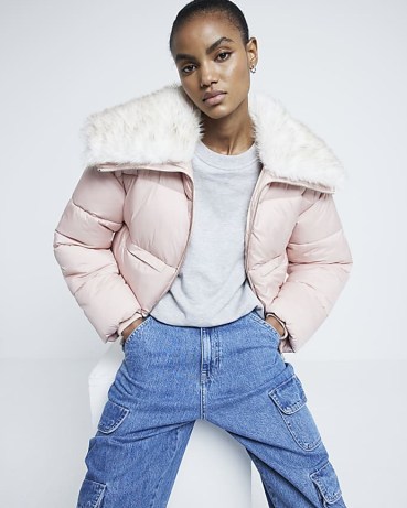 RIVER ISLAND Pink Padded Faux Fur Trim Bomber Jacket ~ women’s fake fur collar jackets