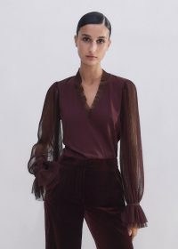 ME AND EM Pleated Tulle Layering Blouse in Deep Merlot – dark red sheer sleeve blouses – romantic ruffle edged top