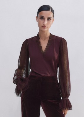 ME AND EM Pleated Tulle Layering Blouse in Deep Merlot – dark red sheer sleeve blouses – romantic ruffle edged top