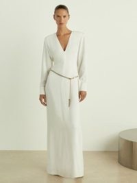 Reiss Hattie Plunge-Neck Crepe Maxi Dress in White | sophisticated evening occasion clothing | chic long sleeve plunging neckline event dresses