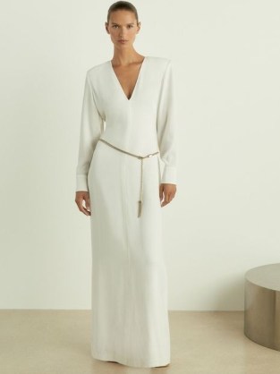 Reiss Hattie Plunge-Neck Crepe Maxi Dress in White | sophisticated evening occasion clothing | chic long sleeve plunging neckline event dresses