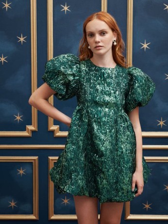 sister jane Potion Jacquard Mini Dress in Spruce Green ~ metallic puff sleeve party dresses ~ Before Midnight