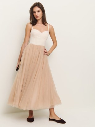 Reformation Esmarie Dress Prosecco With Biscotti ~ shoulder strap fit and flare dresses ~ fitted bodice with sweetheart neckline and full skirt