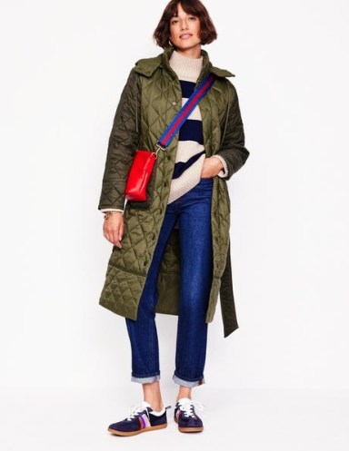 Boden Quilted Belted Coat in Khaki | women’s padded tonal green winter coats