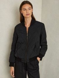 Reiss Quinn Quilted Bomber Jacket in Black | women’s front zip up baseball collar jackets