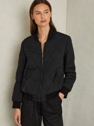 Reiss Quinn Quilted Bomber Jacket in Black | women’s front zip up baseball collar jackets