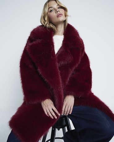 River Island Red Faux Fur Mid Length Coat ~ glamorous luxe style coats ~ fluffy winter outerwear