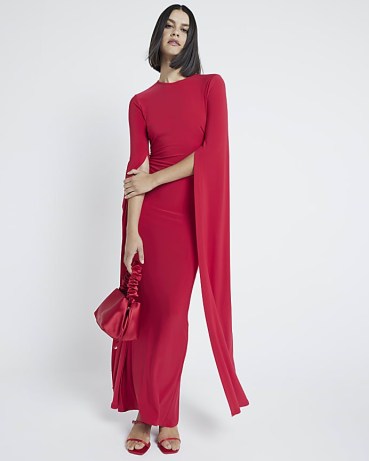 RIVER ISLAND Red Flared Split Sleeve Maxi Dress ~ fitted evening fashion ~ slit sleeved occasion dresses