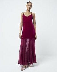 RIVER ISLAND Red Velvet Sleeveless Maxi Slip Dress ~ strappy semi sheer plush panel party dresses