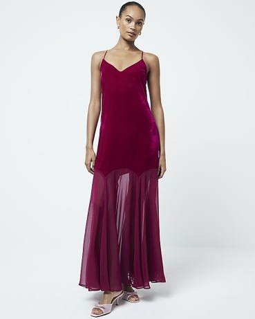 RIVER ISLAND Red Velvet Sleeveless Maxi Slip Dress ~ strappy semi sheer plush panel party dresses