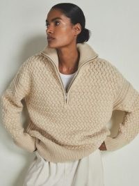 Reiss – Les 100 Ciels Devon Wool and Cashmere Jumper in Stone | chunky collared half zip jumpers | neutral zipped funnel drop shoulder sweater