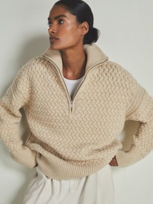 Reiss – Les 100 Ciels Devon Wool and Cashmere Jumper in Stone | chunky collared half zip jumpers | neutral zipped funnel drop shoulder sweater