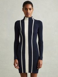 REISS Kelli Ribbed Striped Mini Dress in Navy / Ivory – dark blue and white stripe colour block bodycon – fitted short length long sleeve funnel neck dresses