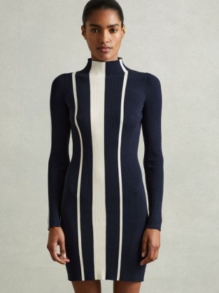 REISS Kelli Ribbed Striped Mini Dress in Navy / Ivory – dark blue and white stripe colour block bodycon – fitted short length long sleeve funnel neck dresses