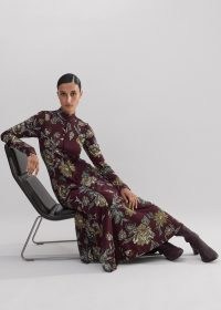 me and em Rich Autumn Floral Print Maxi Dress in Burgundy/Autumn Olive/Bronzed Green / burgundy long sleeve fit and flare dresses