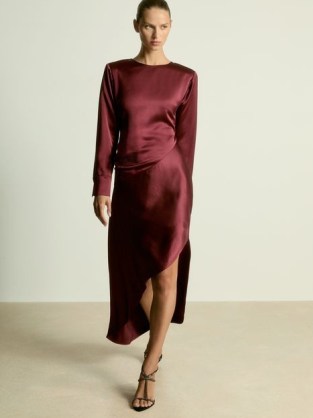 Reiss Satin Asymmetric Draped Maxi Dress in Burgundy | chic silky party dresses