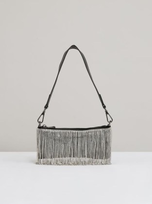 Reiss Francesca Satin Crystal Fringe Mini Shoulder Bag in Silver | fringed baguette style evening bags | clutch bags with crystals