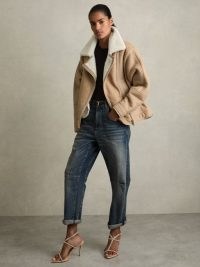 Reiss Mona Shearling-Lined Leather Aviator Jacket in Neutral | women’s luxury winter jackets