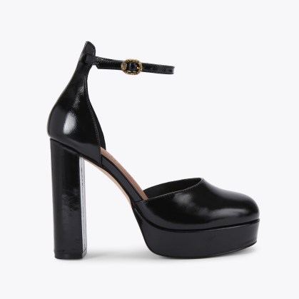 Kurt Geiger London shoreditch platform court heel in Black – leather ankle strap platforms – classic 70s style high block heeled shoes