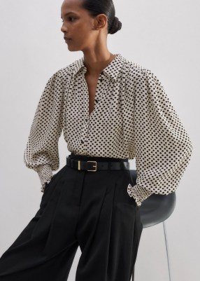 ME and EM Silk Daisy Polka Dot Print Swing Blouse in Light Cream / Black | balloon sleeve floral print blouses | feminine oversized collared top