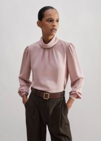 ME and EM Silk High Neck Slim Top Pink ~ silky blouson sleeve tops