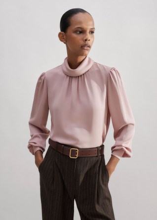 ME and EM Silk High Neck Slim Top Pink ~ silky blouson sleeve tops