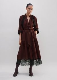 me and em Silk Lace Midi Dress + Belt in Rum Raisin – luxury long sleeve high neck sheer hem dresses