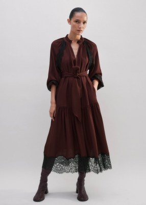 me and em Silk Lace Midi Dress + Belt in Rum Raisin – luxury long sleeve high neck sheer hem dresses