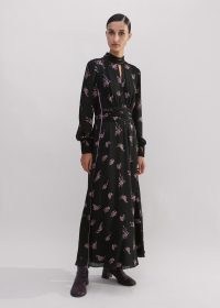 me and em Silk Scattered Floral Print Maxi Dress in Black/Fresh Lavender Pink / long sleeve high neck fluid fabric dresses