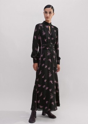 me and em Silk Scattered Floral Print Maxi Dress in Black/Fresh Lavender Pink / long sleeve high neck fluid fabric dresses