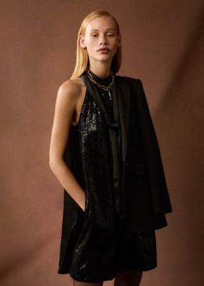 ME and EM Silk-Blend Sequin Short Swing Dress + Tie in Black | sequinned LBD | women’s sequined halterneck party dresses