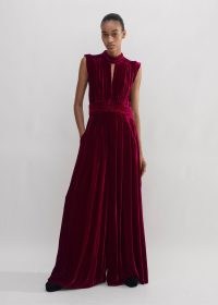 ME AND EM Silk-Blend Velvet Wide-Leg Jumpsuit in Intense Red – sleeveless high neck front keyhole cut out jumpsuits – plush occasion clothes – luxe evening fashion