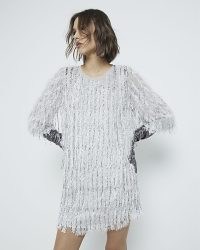 RIVER ISLAND Silver Premium Beaded Fringe Shift Dress ~ women’s fringed short length party dresses ~ going out evening fashion