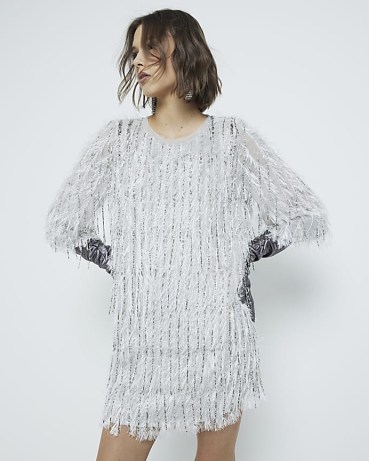 RIVER ISLAND Silver Premium Beaded Fringe Shift Dress ~ women’s fringed short length party dresses ~ going out evening fashion