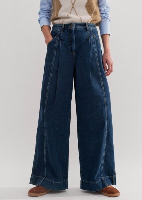 ME and EM Soft Denim Pleated Pant in Mid Wash | women’s blue relaxed fit wide leg jeans