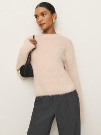 Reformation Jude Brushed Alpaca Crew in Sorbet – soft feel jumpers – luxe fluffy knitwear