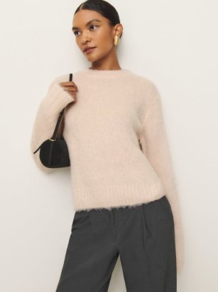 Reformation Jude Brushed Alpaca Crew in Sorbet – soft feel jumpers – luxe fluffy knitwear