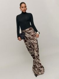 Reformation Bella Satin Skirt in Stampede / slim fit animal print maxi skirts