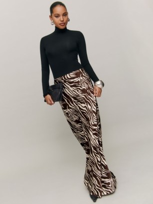 Reformation Bella Satin Skirt in Stampede / slim fit animal print maxi skirts