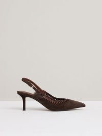 REISS Cecily Suede Twist Detail Slingback Court Shoes in Chocolate – brown cut out courts – pointed toe slingbacks